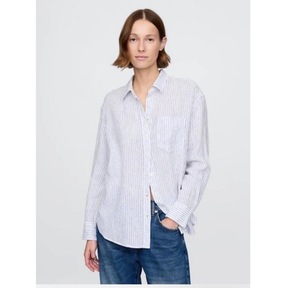 Gap Linen Blend Button Down Shirt Blue Stripe Coastal Euro Vacation Women's XL